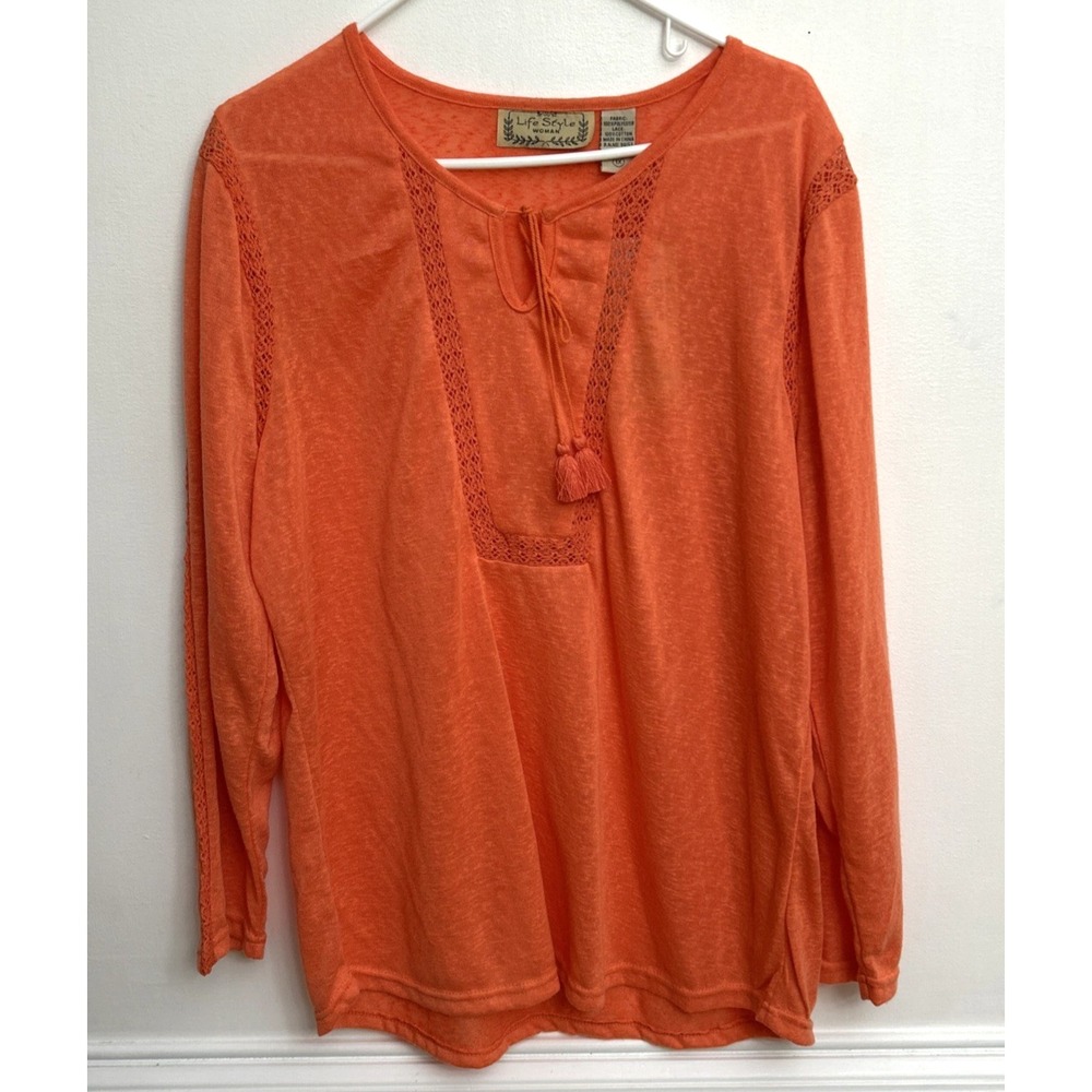 Life Style Shirt Top Orange Apricot Women's 1X Knit Lace Tassels